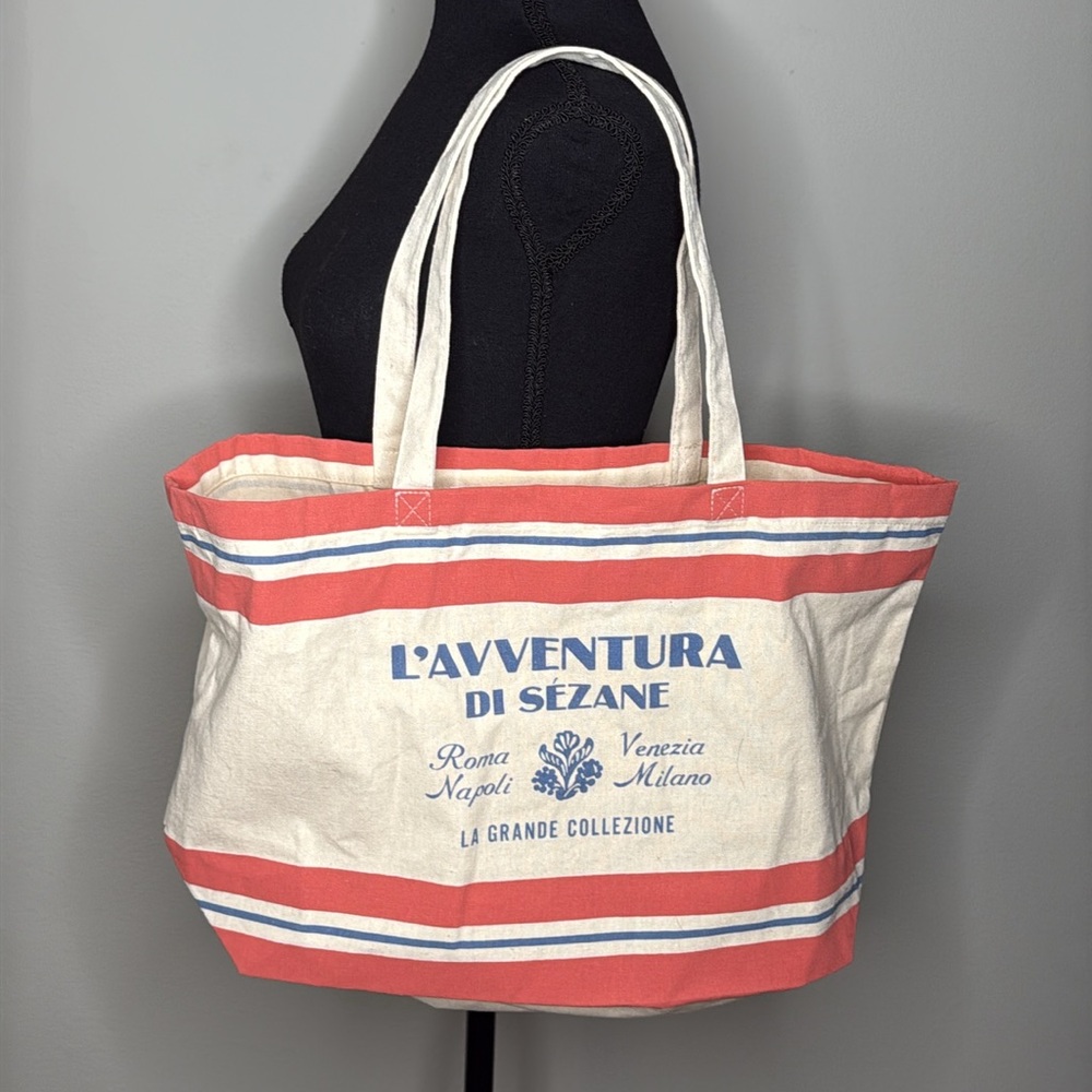 Sezane L'avventura Cotton Canvas Tote Bag in in Red & Cream NWOT